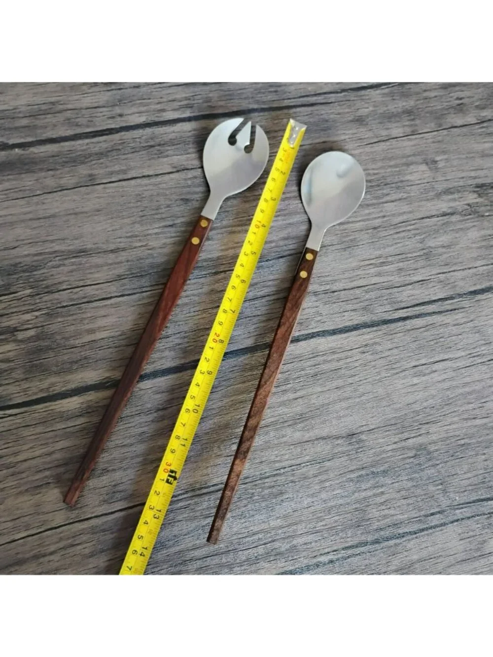 Vintage Salad Serving Set Wood Handle Stainless Steel Japan MCM Mid-Century
